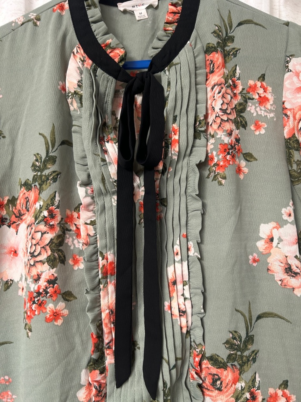 mine Sage Green Floral Ruffle Tie-Neck Blouse with Black Trim - Picture 3 of 4